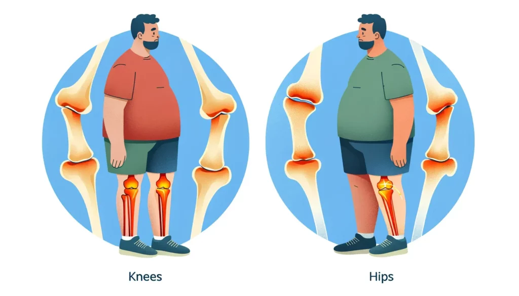 An educational and friendly illustration depicting the negative impact of obesity on joints. The image should feature a side-by-side comparison_ on on