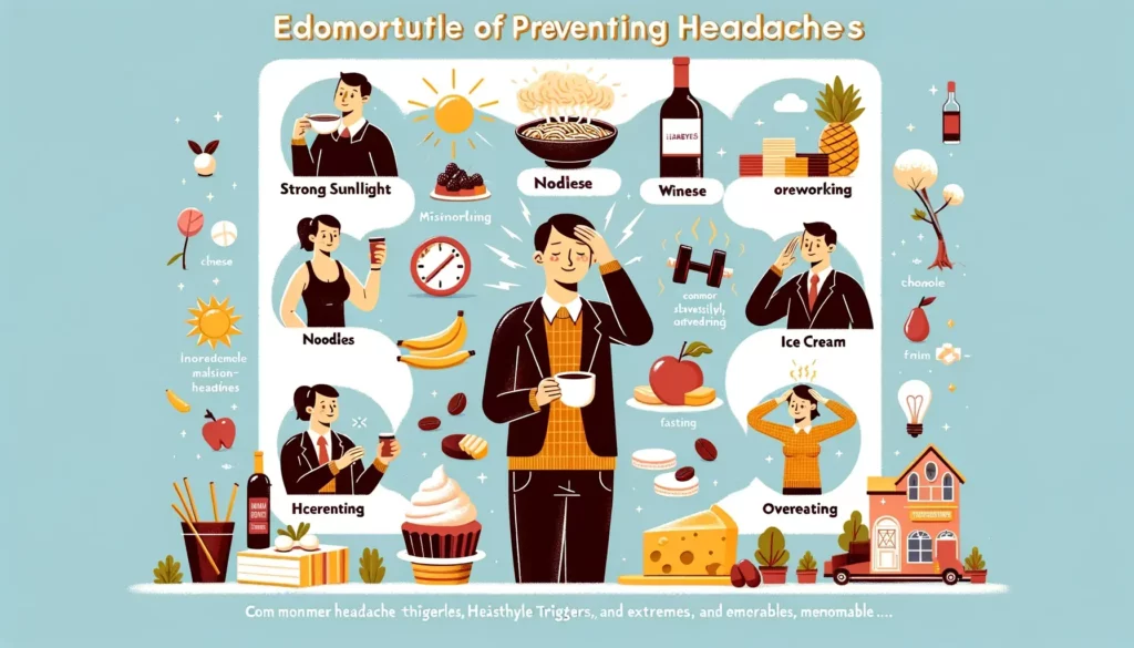 An educational illustration showcasing the importance of lifestyle habits for preventing headaches. The image features a friendly, simple, and memorab