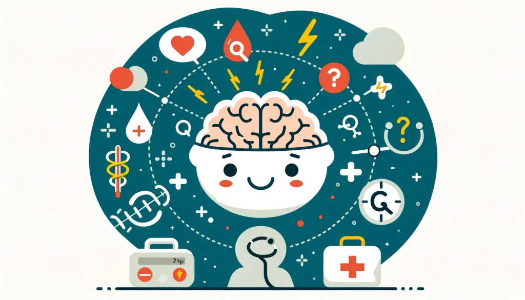 An engaging and memorable illustration for a headache and migraine Q&A, depicted in a friendly and simple style. The image should visually represent t