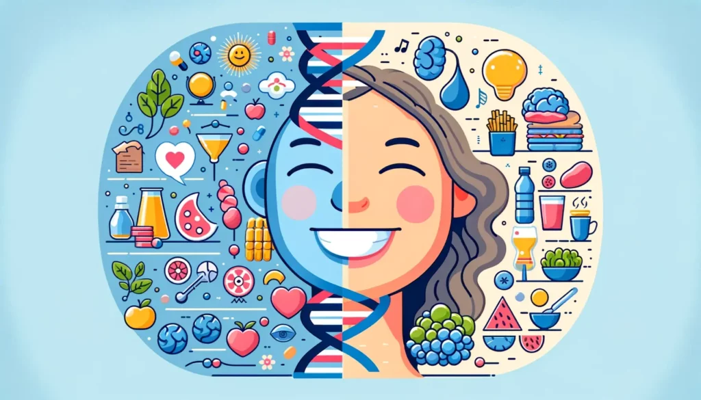 An engaging and memorable illustration representing the impact of genetic factors and lifestyle habits on health. The image should be wide, visually a