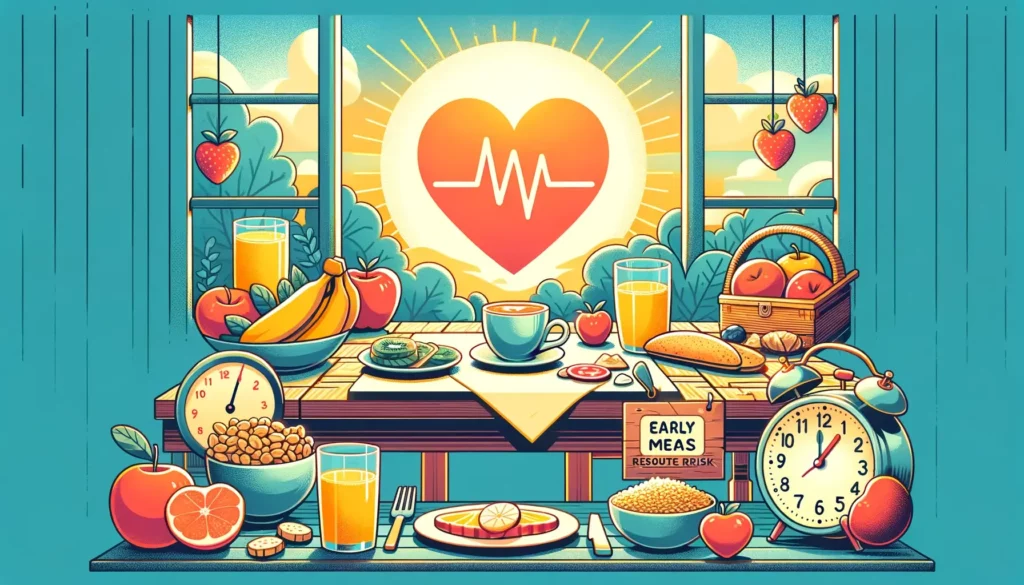An engaging, friendly illustration depicting the concept of early meals reducing the risk of cardiovascular diseases. The image should be simple and m