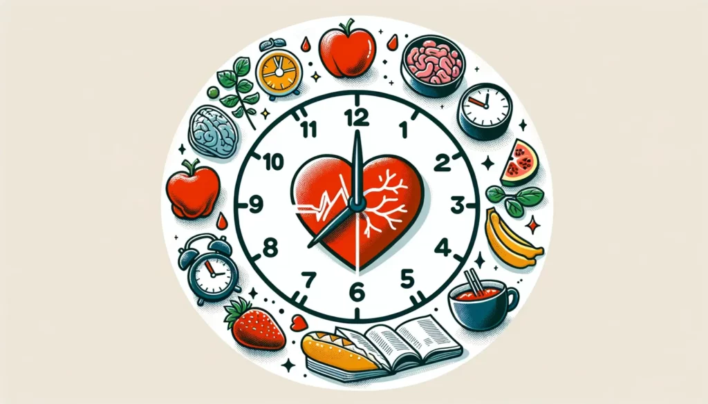 An illustration depicting intermittent fasting and cardiovascular health in a friendly and memorable way. The image should convey the concept of eatin