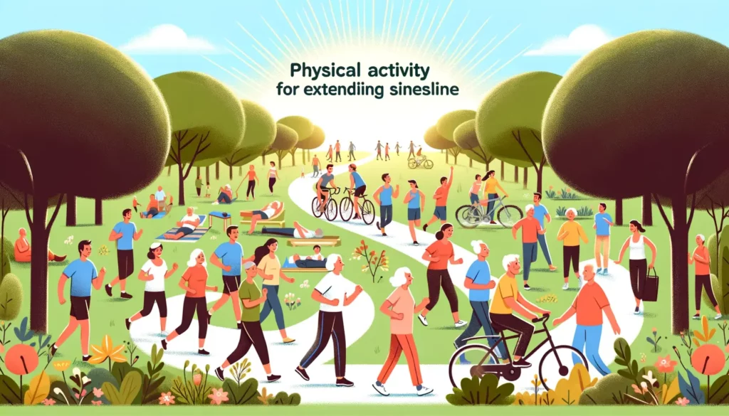An illustration depicting the benefits of physical activity for extending lifespan, in a friendly and memorable style. The image should show diverse g
