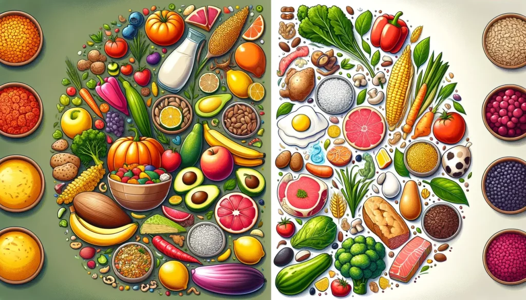 An illustration depicting the concept of a plant-based diet versus an omnivorous diet for weight loss. The image should split into two halves. On one