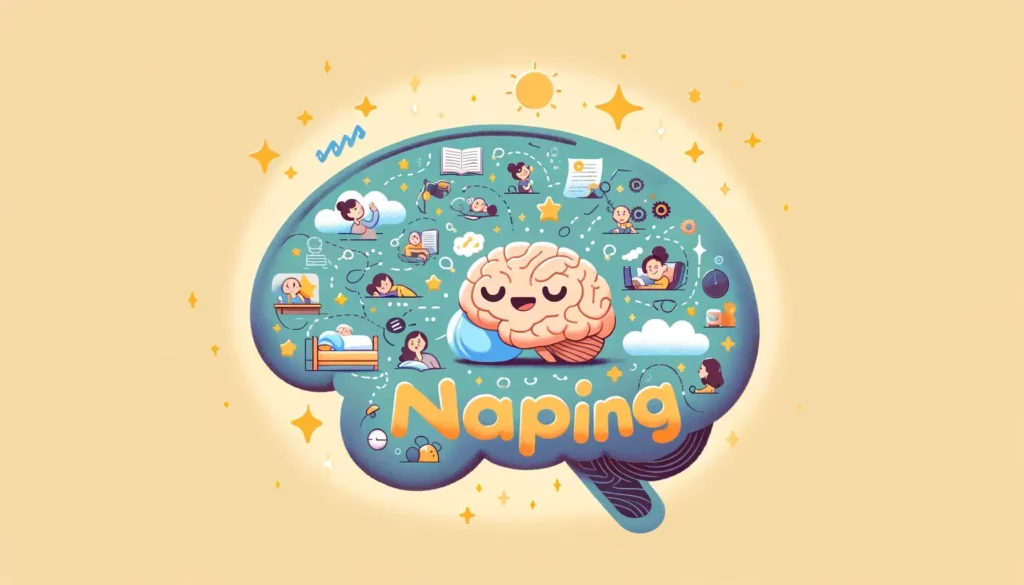 An illustration depicting the concept of the science of napping and its effects on the brain. The image should visually represent the brain in a state