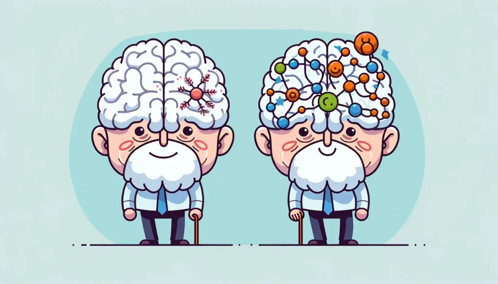 An illustration depicting the impact of brain shrinkage on cognitive function in a friendly and memorable way. The image should represent a healthy br