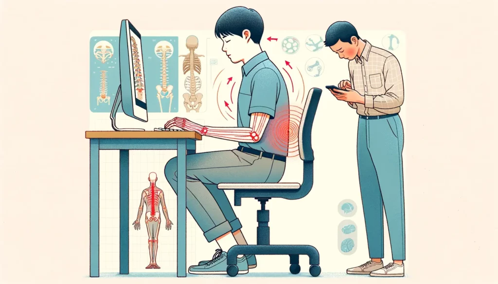 An illustration depicting the impact of poor posture on joint health in a simple and friendly style. The image shows a young adult of Asian descent, w