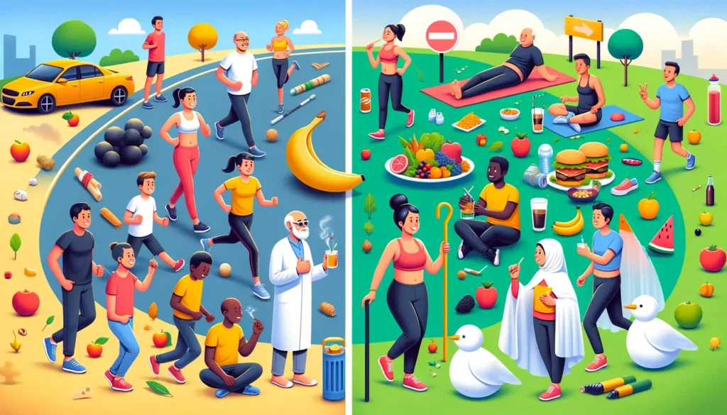 An illustration depicting the importance of a healthy lifestyle, highlighting both positive and negative aspects. The scene shows two contrasting halv