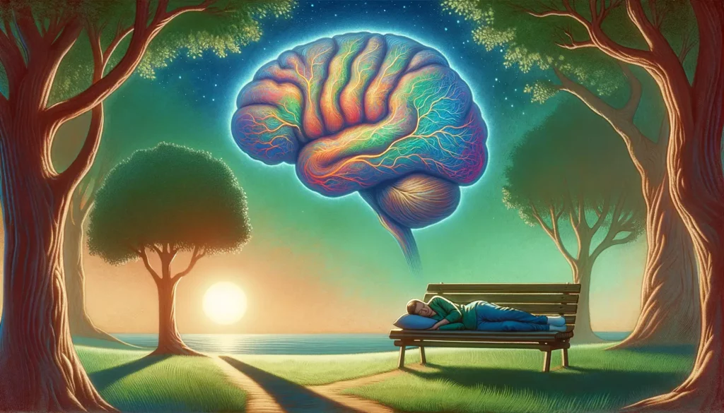 An illustration depicting the positive impact of napping on the brain. The scene shows a serene and friendly environment, with a person taking a nap u