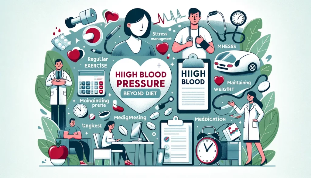 An illustration depicting various lifestyle factors important for managing high blood pressure, beyond diet. The image should include elements like re