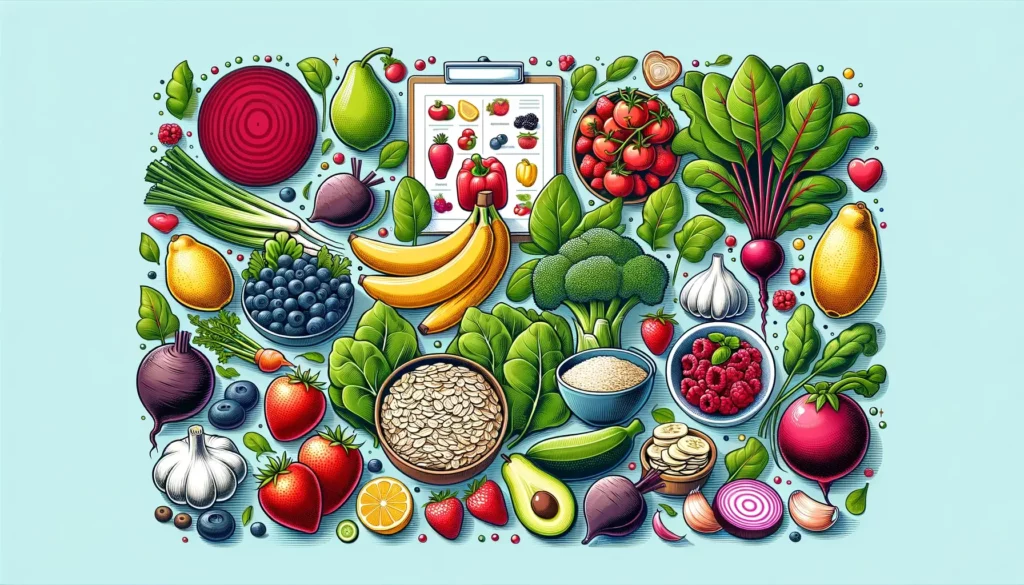 An illustration featuring a variety of foods known to be beneficial for managing high blood pressure, arranged in a visually appealing and memorable w