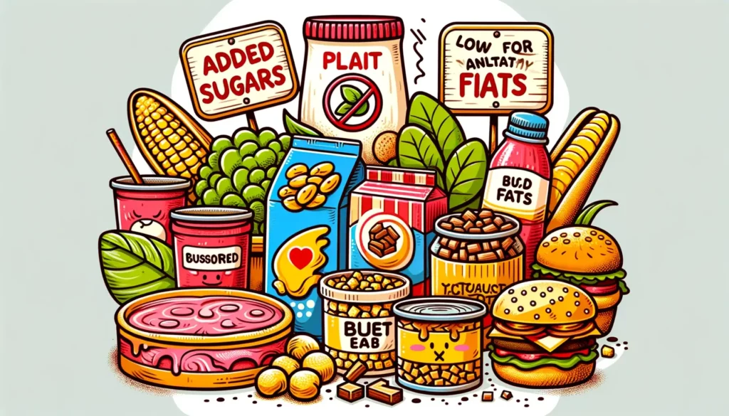 An illustration of unhealthy plant-based foods, characterized by being highly processed. The image features products with added sugars or unhealthy fa