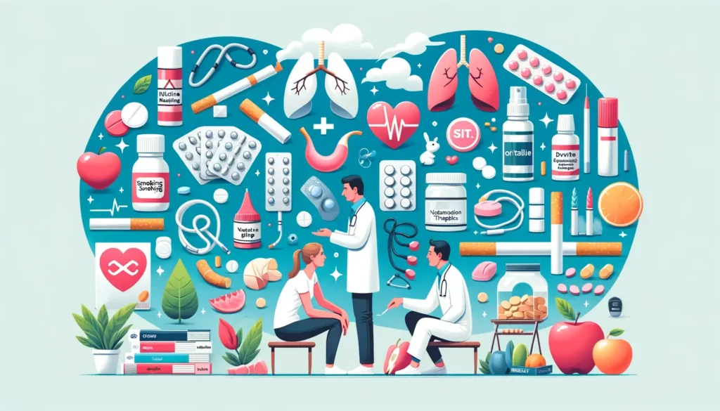 An illustration representing the advice for quitting smoking by Dr. Robert Miller, featuring various elements_ a doctor in a white coat discussing smo