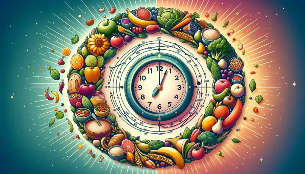 An illustration representing the concept of circadian rhythms and meal timings in relation to health and nutrition. The image shows a stylized biologi