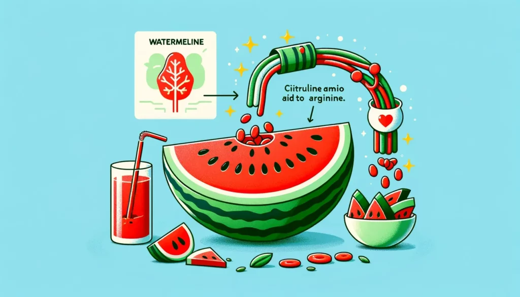An illustration representing the health benefits of watermelon, focusing on the conversion of citrulline (an amino acid in watermelon) to arginine. Th