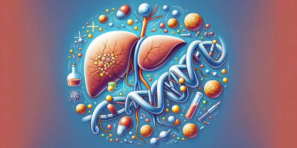 An illustration representing the latest research on alcoholic liver disease, focusing on the role of PDK4 and mitochondrial dysfunction. The image sho