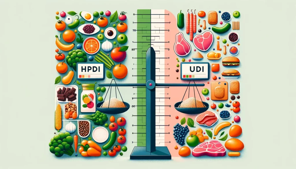 An illustration representing the relationship between diet quality and weight loss. The image features two contrasting sections. On one side, a vibran
