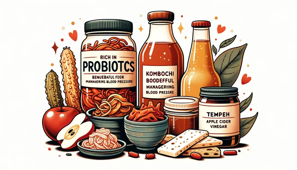 An illustration showcasing a variety of fermented foods rich in probiotics, beneficial for managing blood pressure. The image should feature kimchi, k