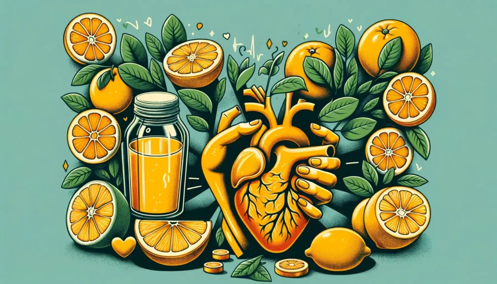 An illustration showcasing the health benefits of citrus fruits, focusing on the antioxidant hesperidin, which is beneficial for heart health. The ima