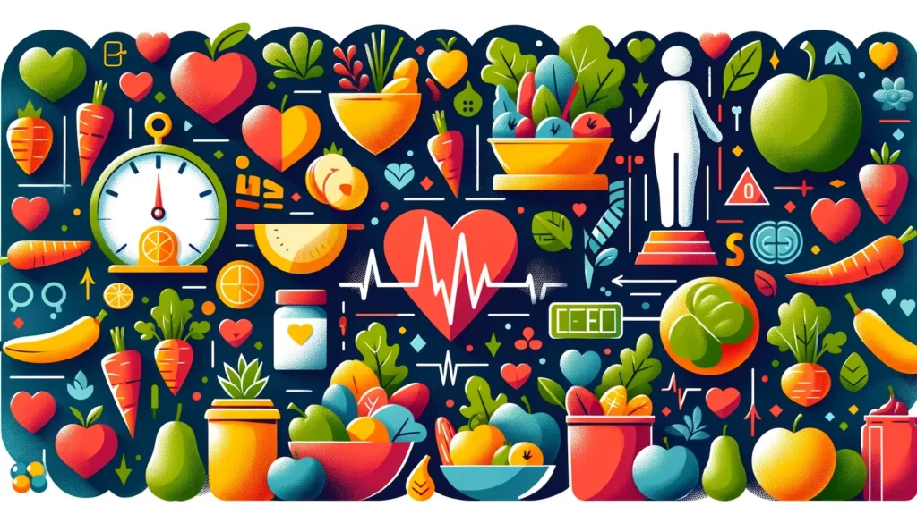 An illustration that conveys the concept of vegan diet and its impact on weight loss and cardiovascular health. The image should be visually appealing