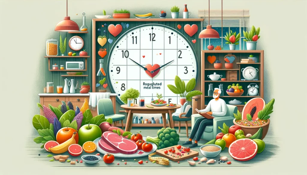 An illustration that depicts the concept of combining regulated meal times with a healthy diet, emphasizing the Mediterranean or plant-based diets. Th
