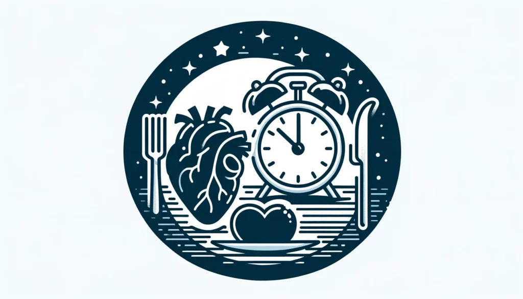An illustration that symbolizes the concept of early dinner and long fasting periods at night to reduce the risk of cardiovascular diseases. The image