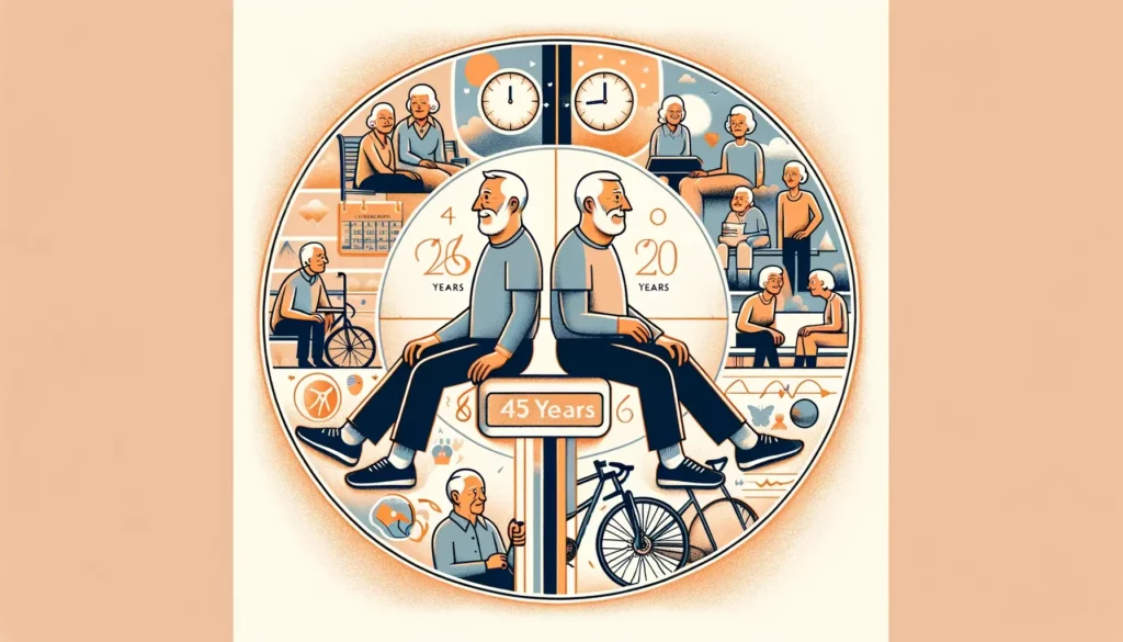 An illustrative and memorable image symbolizing a longitudinal twin study on physical activity and mortality. The image features two distinct groups o