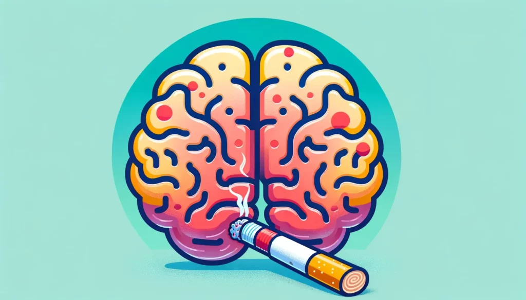 An illustrative, friendly, and memorable image that visually represents the impact of smoking on the brain. The image should show a stylized brain wit