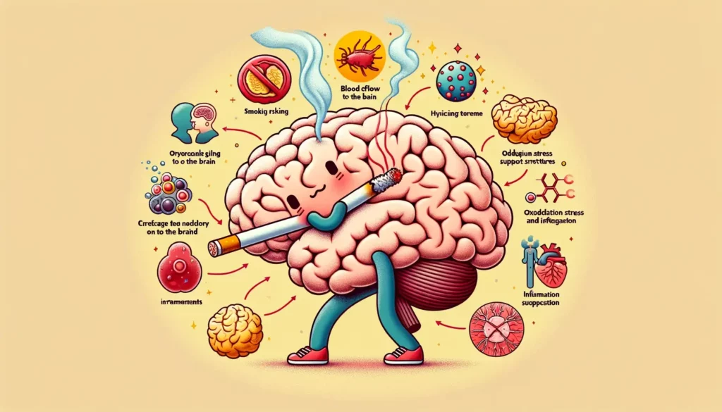 An illustrative image depicting the harmful effects of smoking on the brain. The illustration should represent how smoking introduces harmful chemical