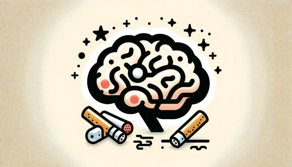 An illustrative, simple, and friendly image depicting the concept of smoking and its impact on brain health. The image should symbolize the relationsh