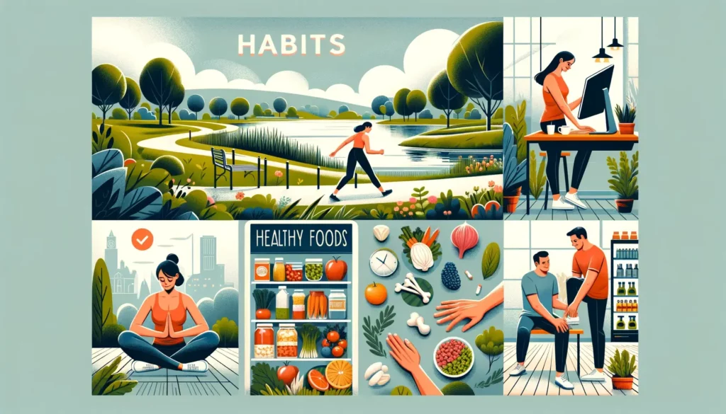 An inviting and memorable illustration highlighting the importance of habits for joint health. The image should be wide and visually appealing for use