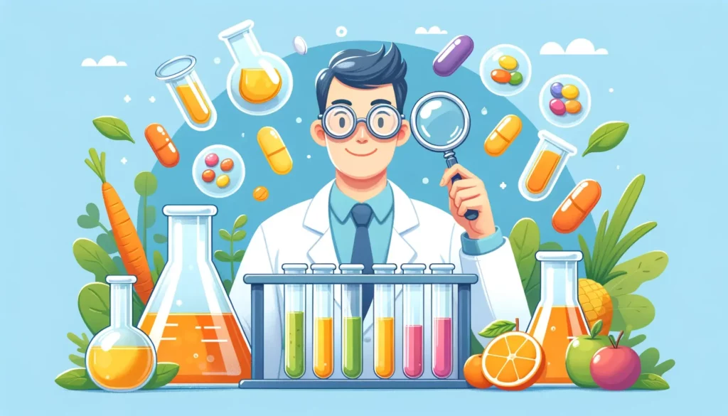 A bright and friendly illustration depicting the concept of multivitamin research. The image should feature a modern laboratory setting with clear gla