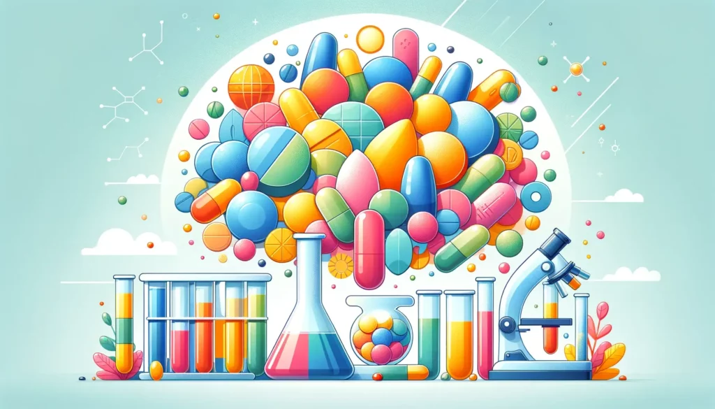 A bright and welcoming illustration depicting the theme of multivitamin research. The image features a large, colorful array of multivitamins in diffe