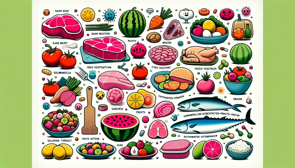 A colorful and friendly illustration depicting various types of food with potential contamination risks. The image includes raw meats like beef and ch