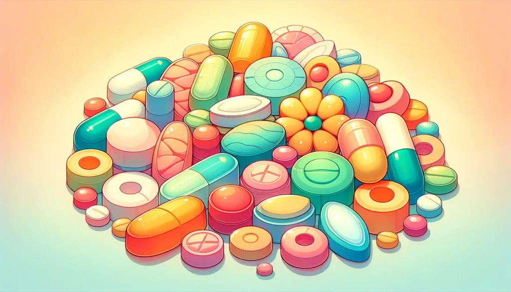 A colorful and friendly illustration of a variety of multivitamins. The image showcases an assortment of vitamins in different shapes, colors, and siz