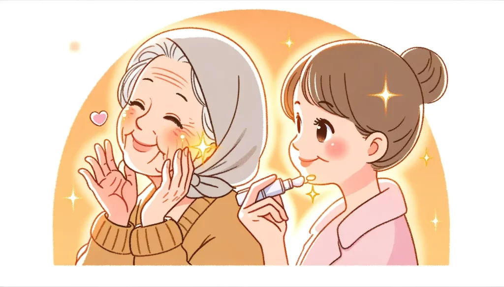 A friendly and memorable illustration depicting skin aging, suitable for a representative image. The scene should be simple and not too complex, visua