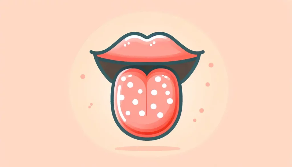 A friendly and simple illustration of a tongue with white spots, indicative of oral inflammation or yeast infection. The image should be memorable as