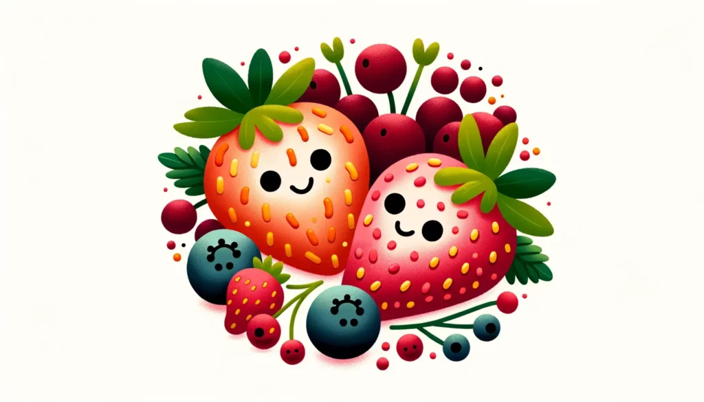 A friendly, simple illustration representing berries contaminated with Cyclospora, a parasitic organism, and also symbolizing the food safety issues r
