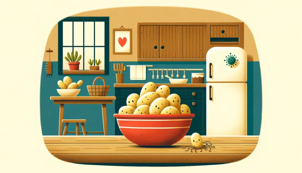 A friendly, simple illustration that encompasses the relationship between potatoes and salmonella, particularly focusing on potato salad as a common s