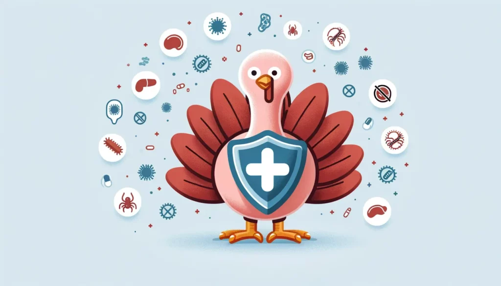 A simple yet memorable illustration representing the issue of antibiotic-contaminated meat, focusing on turkey meat. The image features a cartoon-styl
