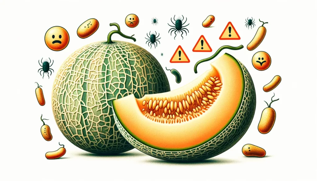 A visually appealing and memorable illustration representing the concept of melons contaminated with Listeria and Salmonella. The image should focus o