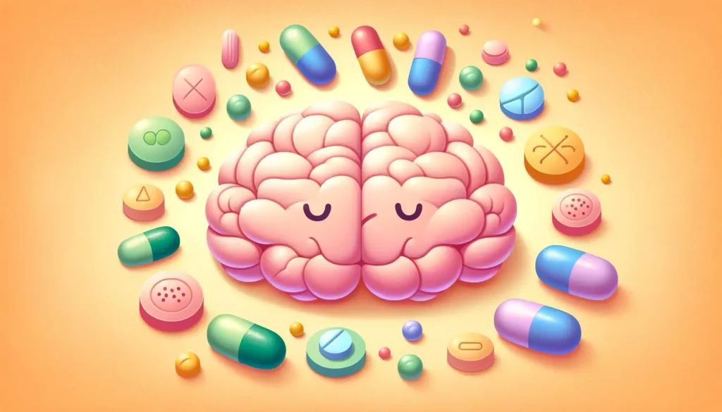 A warm and friendly illustration showcasing the concept of multivitamins aiding memory protection. The image features a human brain, depicted in a whi