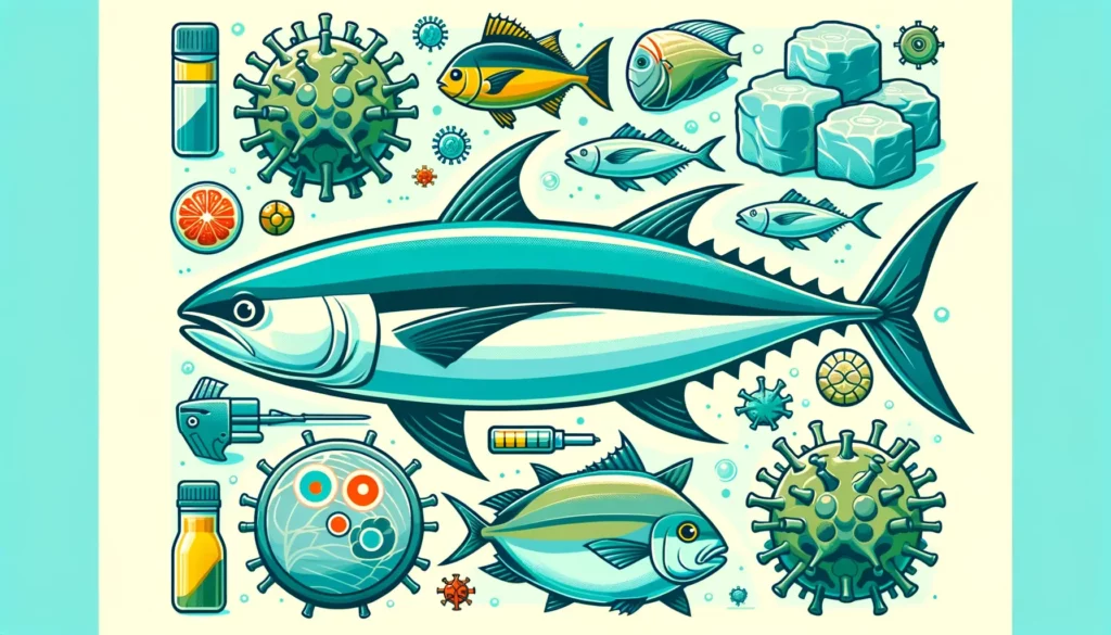 A wide, friendly, and simple illustration representing the issue of scombroid toxin in large fish like tuna. The image should visually depict tuna and