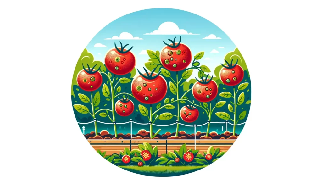 A wide, friendly-looking illustration showing a garden with tomato plants. The tomatoes are depicted with subtle visual cues indicating contamination,