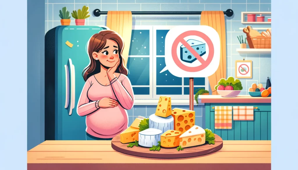 An educational, friendly, and simple illustration depicting the risk of eating soft cheeses made from unpasteurized milk during pregnancy. The image s