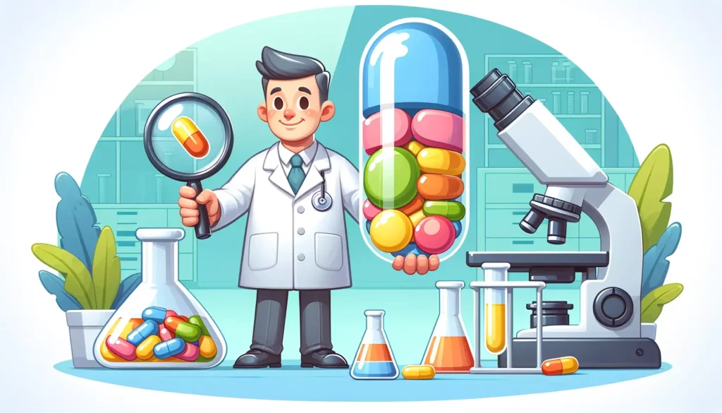 An engaging and wide illustration representing multivitamin research. The image includes a cheerful, friendly scientist in a lab coat, holding a magni