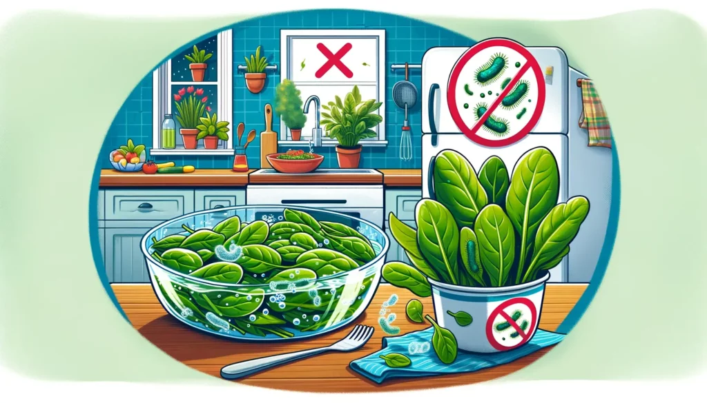 An illustration depicting cross-contamination between spinach and other leafy greens, highlighting the importance of washing them. The scene includes