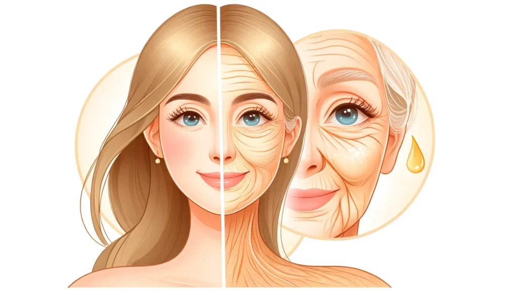 An illustration depicting skin aging in a friendly and memorable way. The image should be simple and not overly complex, capturing the concept of skin