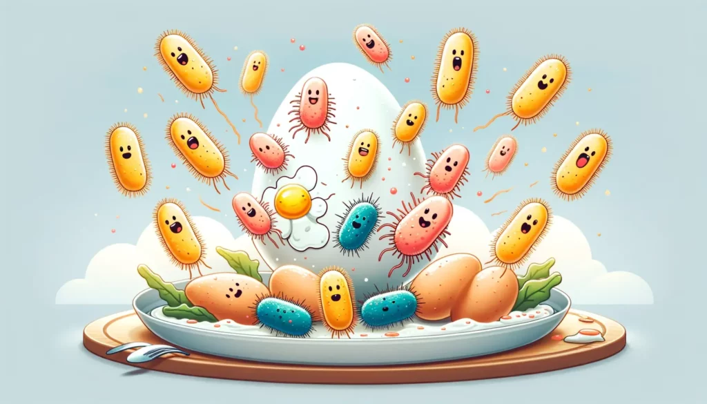 An illustration depicting the concept of salmonella contamination in eggs, associated with numerous food poisoning cases. The image should be memorabl