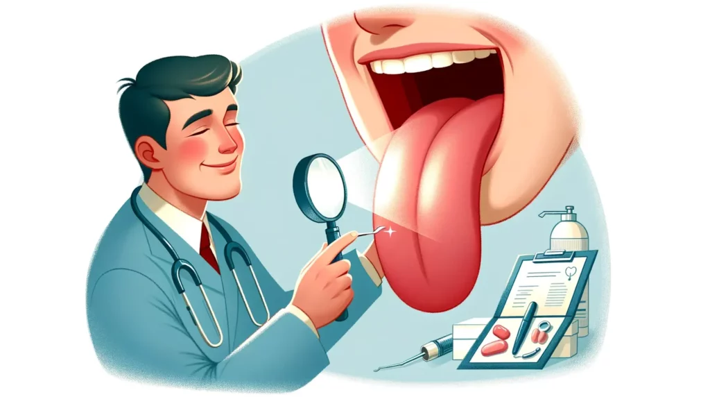 An illustration emphasizing the importance of oral health, focusing on the tongue. The image should depict a friendly and approachable character, poss